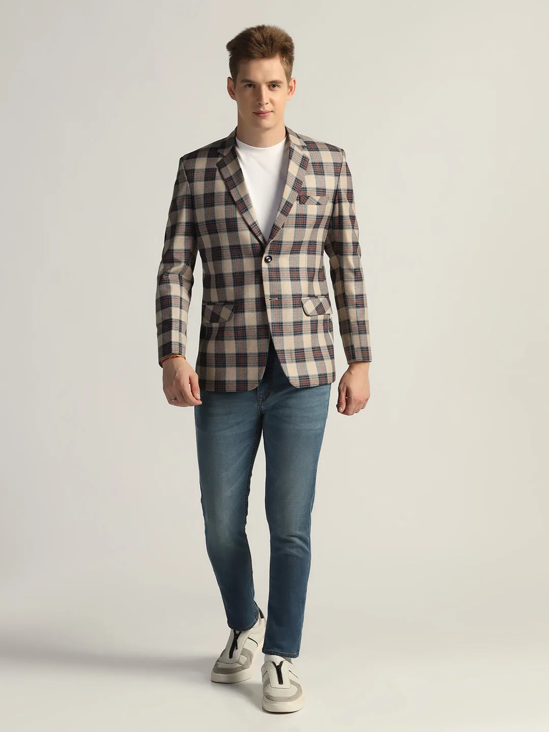 Mens Beige Checked Tweed Blazer