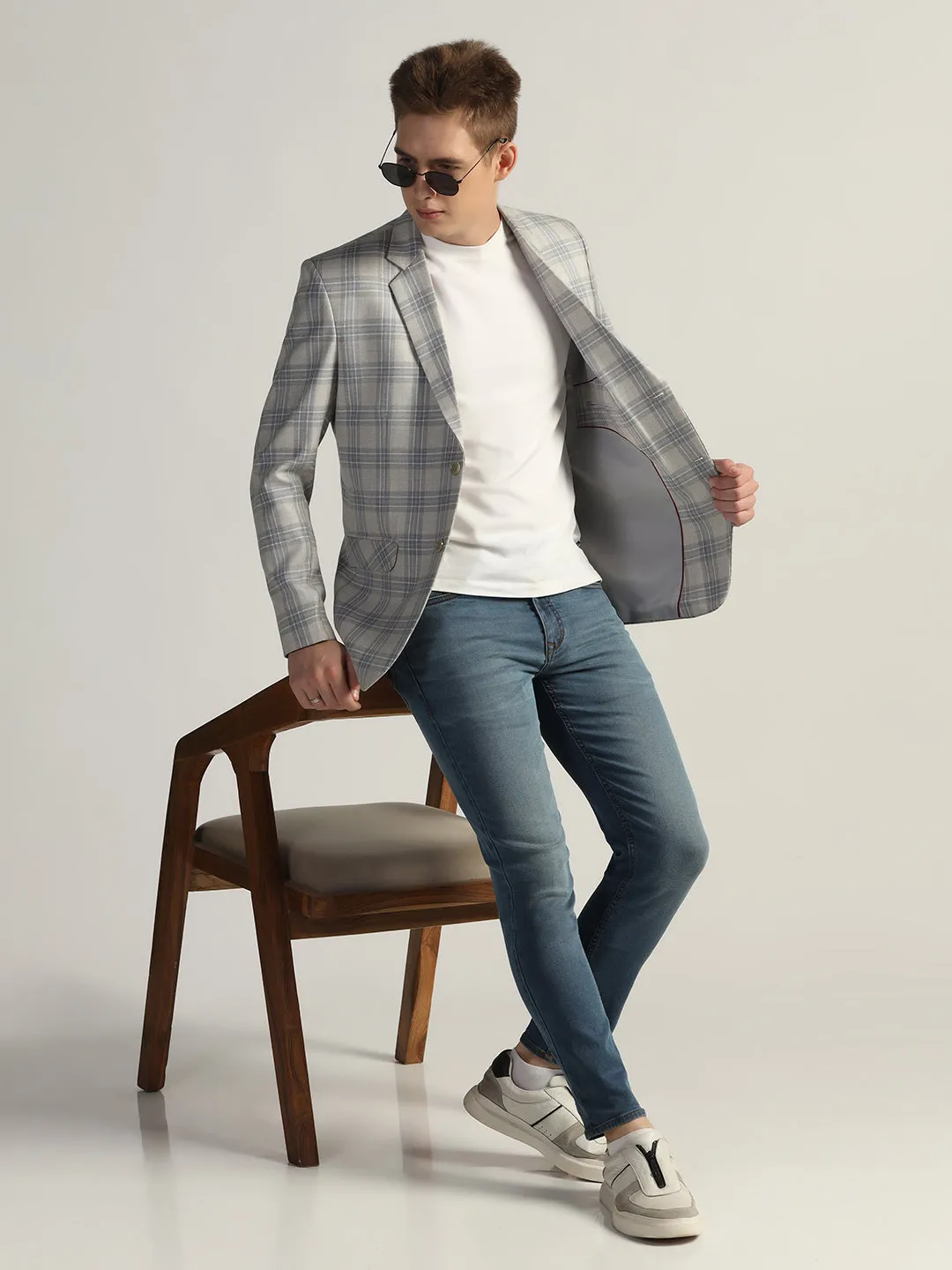 Mens Light Grey Checked Tweed Blazer