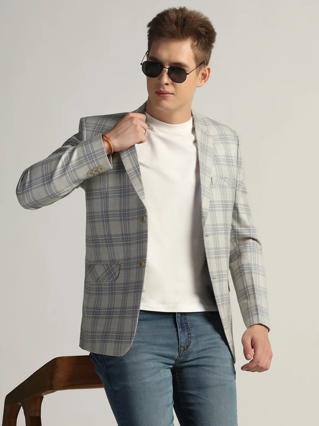 Mens Light Grey Checked Tweed Blazer