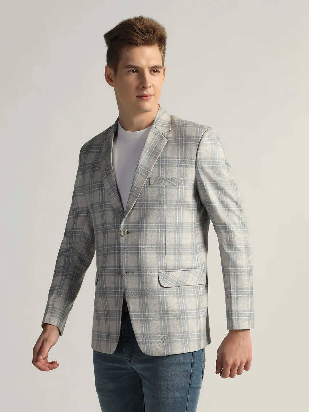 Mens Light Grey Checked Tweed Blazer