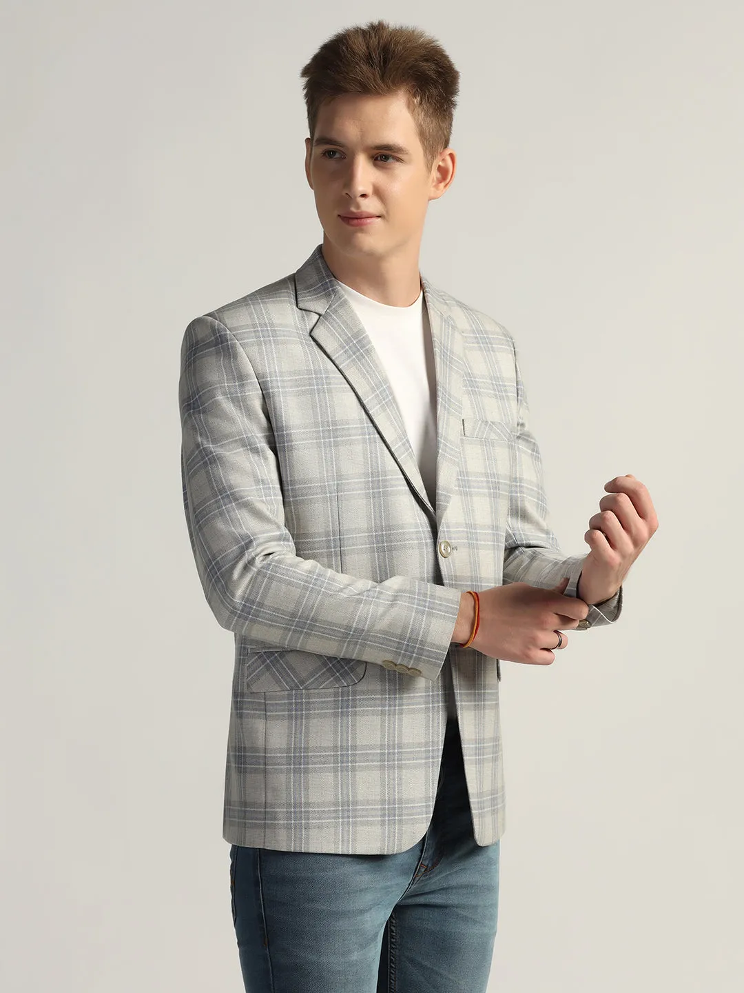 Mens Light Grey Checked Tweed Blazer