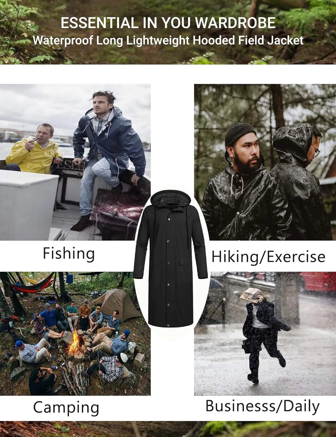 Men's Waterproof Lightweight Active Long Raincoat with Hood