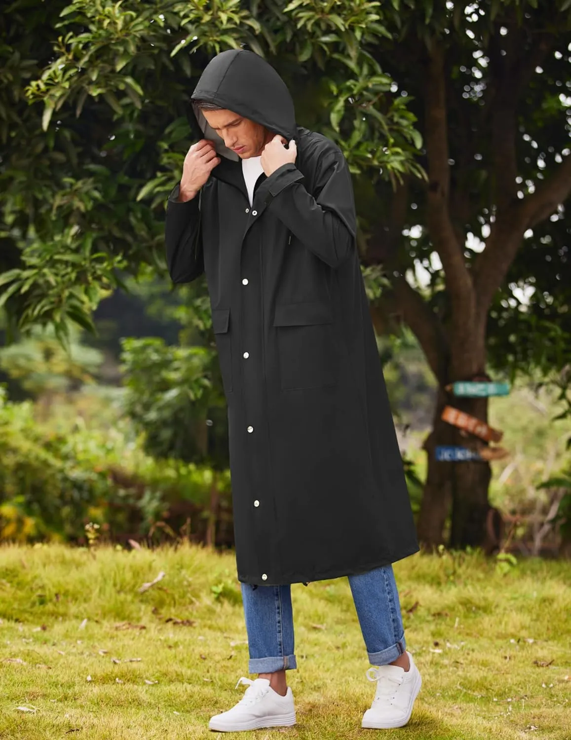 Men's Waterproof Lightweight Active Long Raincoat with Hood