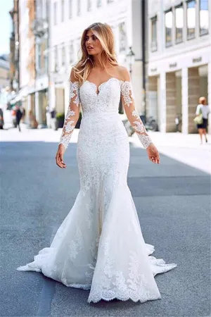 Mermaid Sweetheart Long Sleeve Floor Length Chapel Backless Applique Wedding Dress