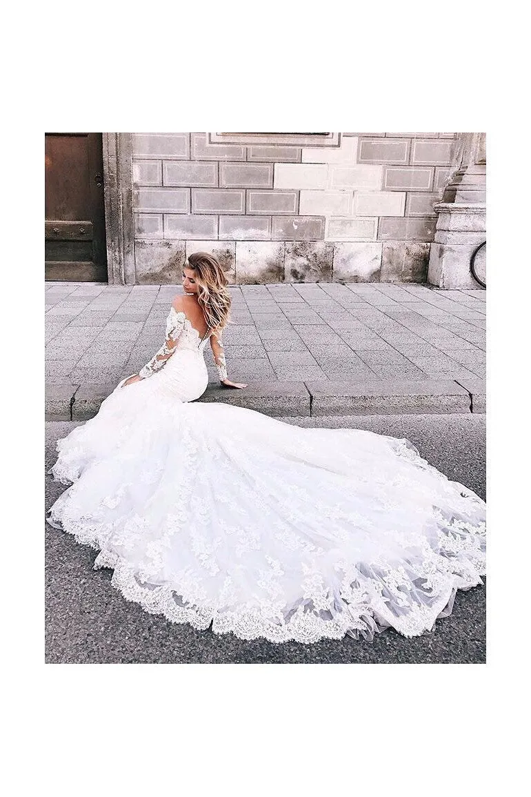 Mermaid Sweetheart Long Sleeve Floor Length Chapel Backless Applique Wedding Dress