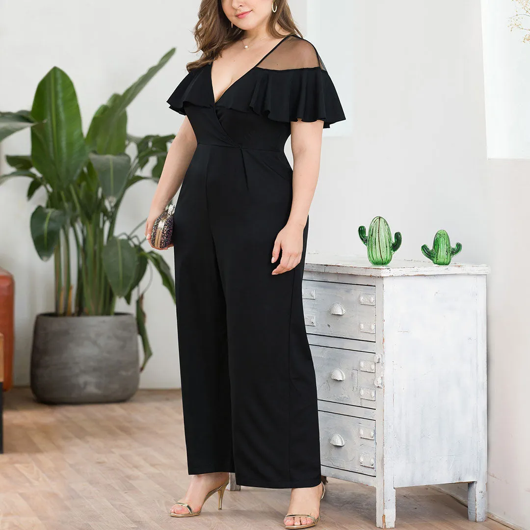 Mesh Stitching Ruffled Sexy Deep V High Waist Wide Leg Large Size Women's Jumpsuit