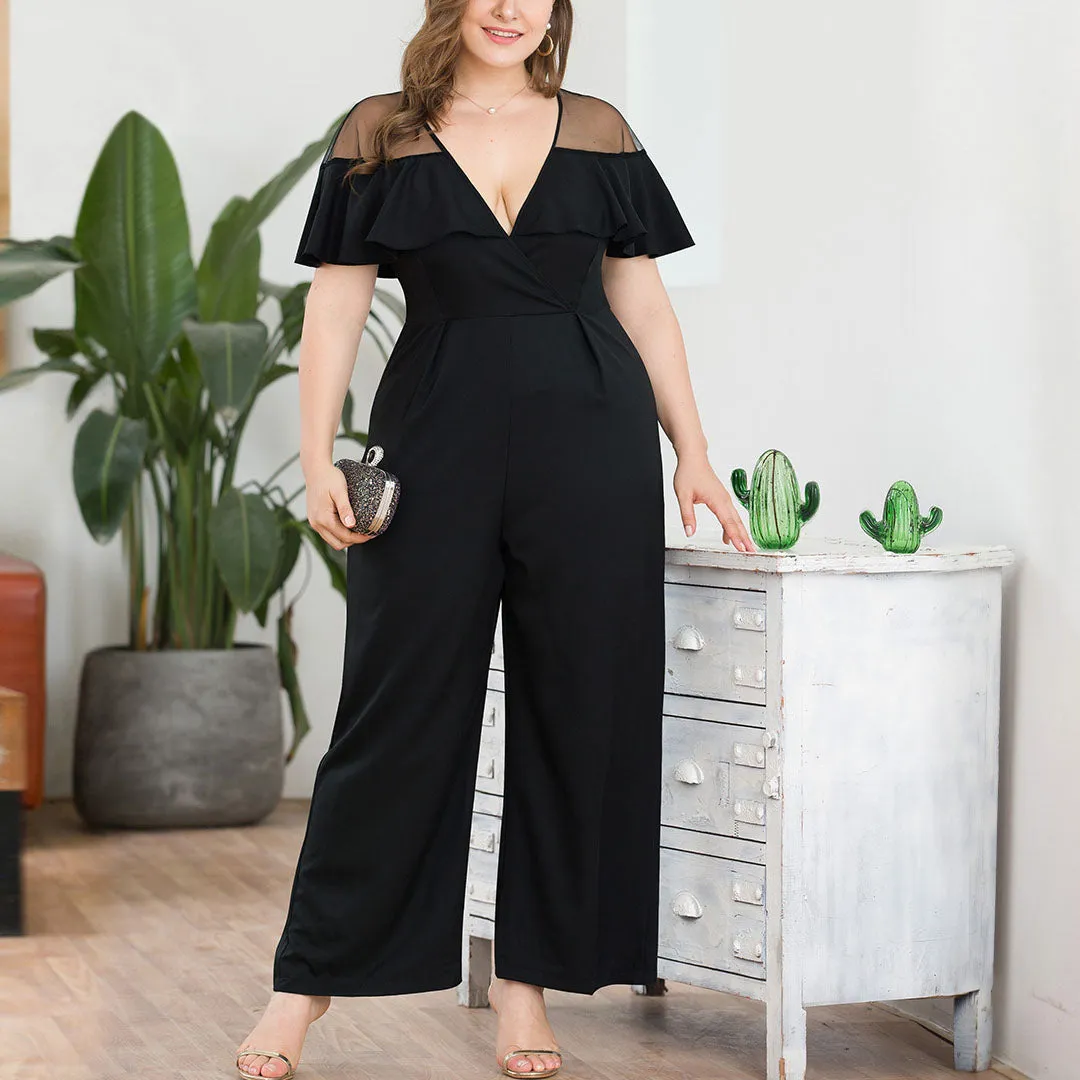 Mesh Stitching Ruffled Sexy Deep V High Waist Wide Leg Large Size Women's Jumpsuit