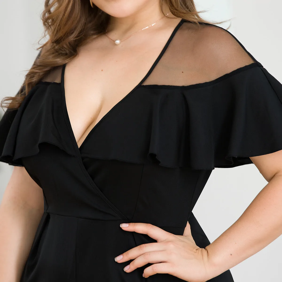 Mesh Stitching Ruffled Sexy Deep V High Waist Wide Leg Large Size Women's Jumpsuit