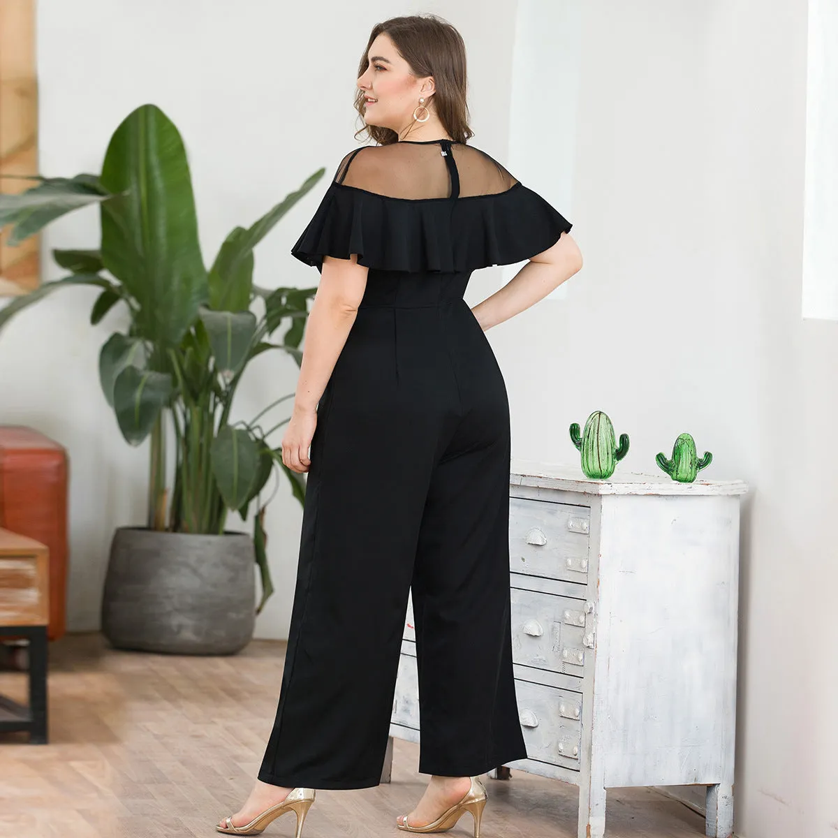 Mesh Stitching Ruffled Sexy Deep V High Waist Wide Leg Large Size Women's Jumpsuit