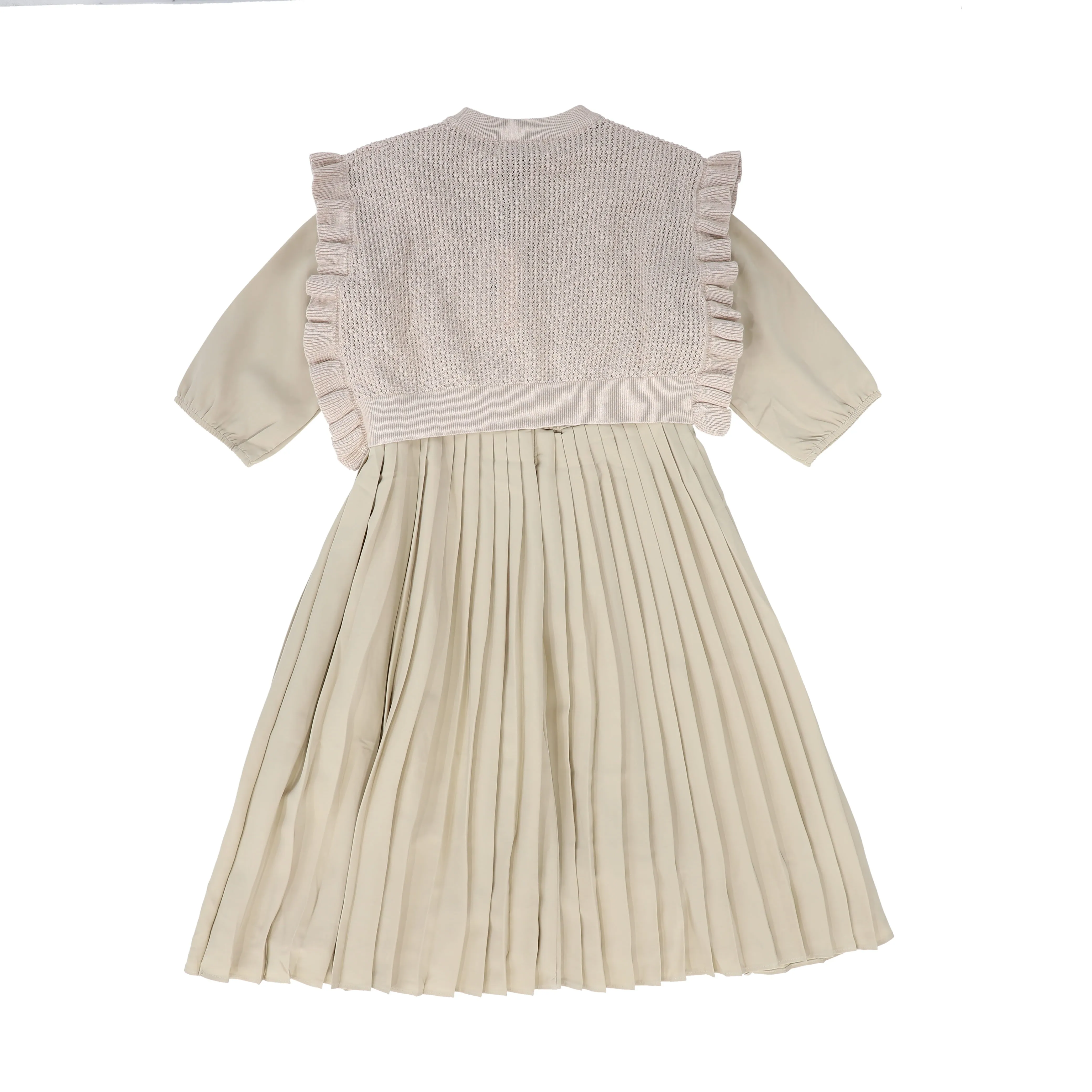 MINIMAL TAUPE PLEATED POINTELLE VEST DRESS [FINAL SALE]