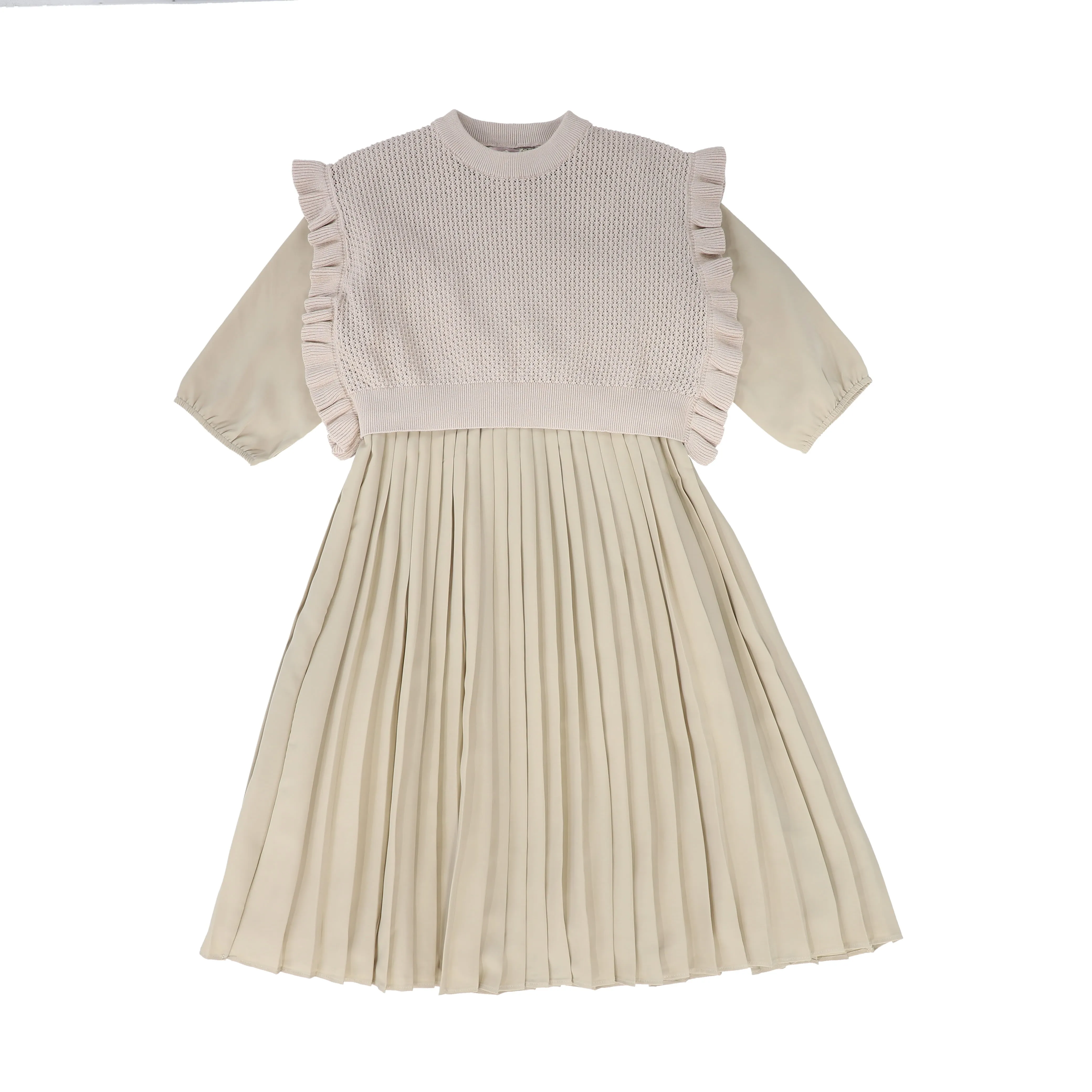 MINIMAL TAUPE PLEATED POINTELLE VEST DRESS [FINAL SALE]