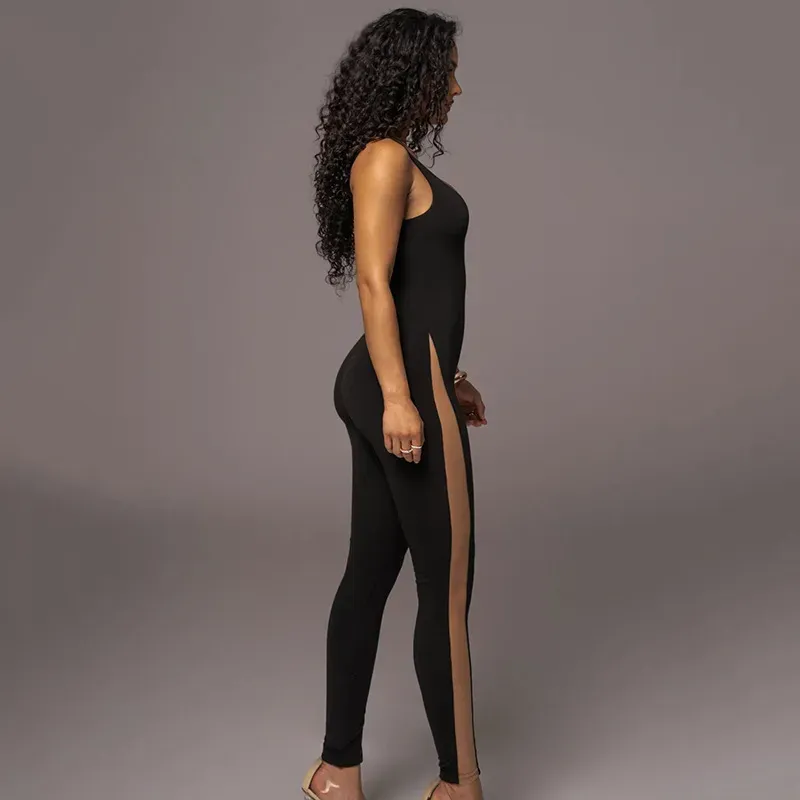 Morgan Sleeveless Sheer Mesh Panel Bodycon Jumpsuit