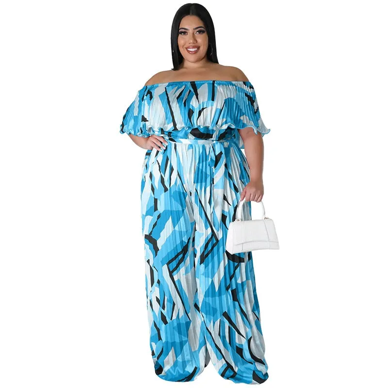 Multicolored Pleats Women Jumpsuit Slash Neck High Waist Wide Leg Pants Plus Size