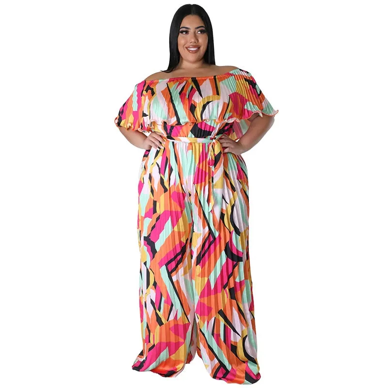 Multicolored Pleats Women Jumpsuit Slash Neck High Waist Wide Leg Pants Plus Size