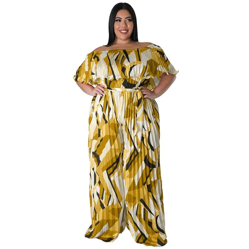 Multicolored Pleats Women Jumpsuit Slash Neck High Waist Wide Leg Pants Plus Size