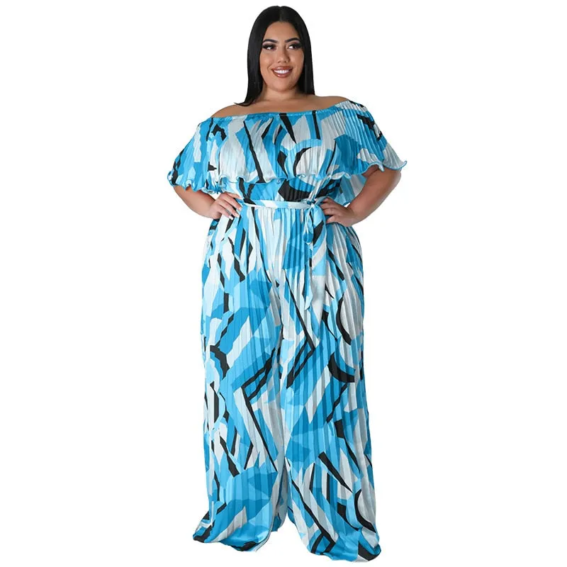 Multicolored Pleats Women Jumpsuit Slash Neck High Waist Wide Leg Pants Plus Size