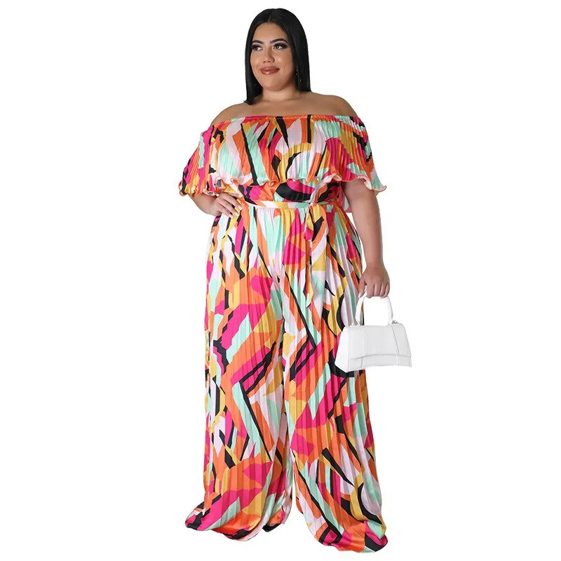 Multicolored Pleats Women Jumpsuit Slash Neck High Waist Wide Leg Pants Plus Size