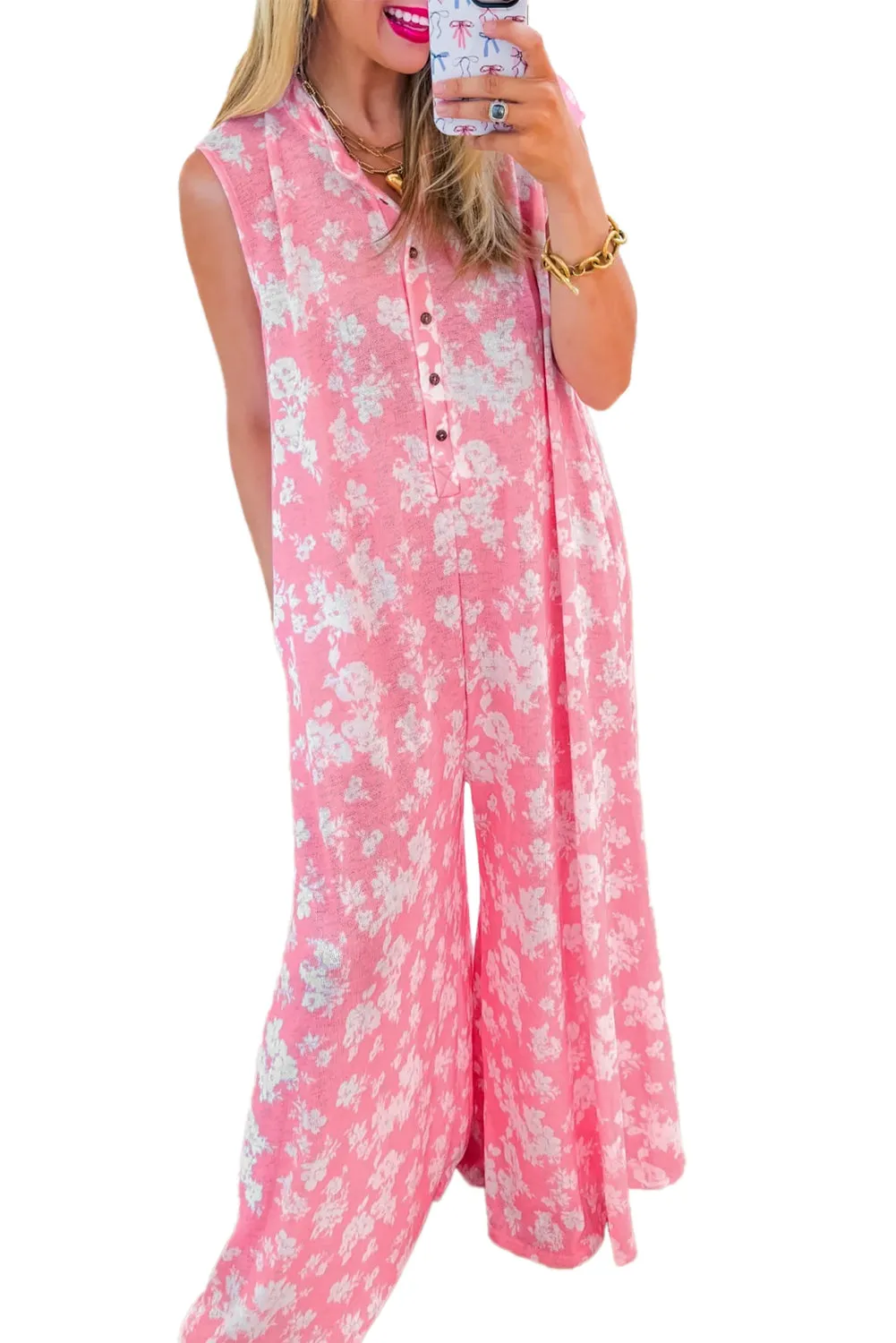 Myosotis Floral Print Sleeveless Wide Leg Jumpsuit