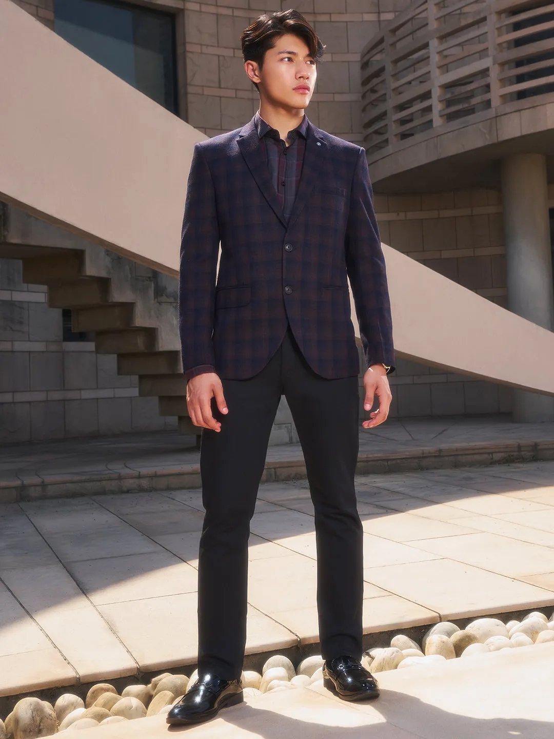 Navy Blue Checked Single Breasted Blazer