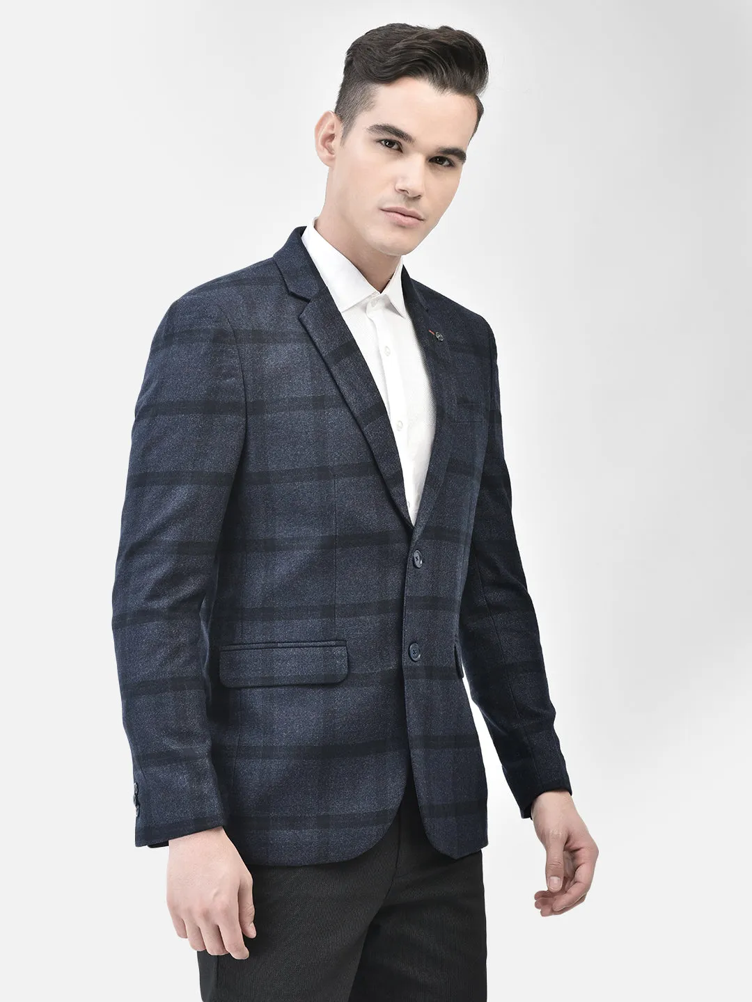 Navy Blue Checked Single Breasted Blazer
