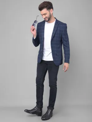 Navy Blue Checked Single Breasted Blazer