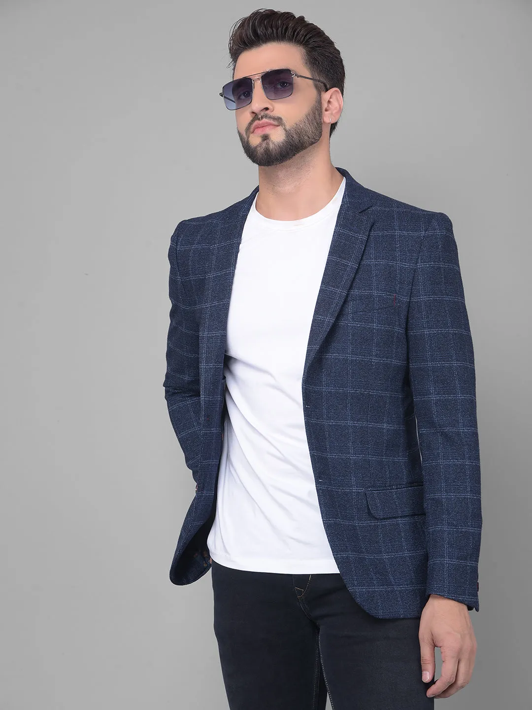Navy Blue Checked Single Breasted Blazer