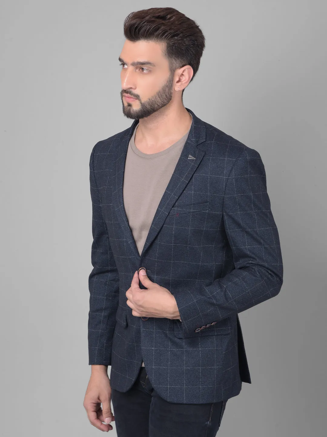 Navy Blue Checked Single Breasted Blazer