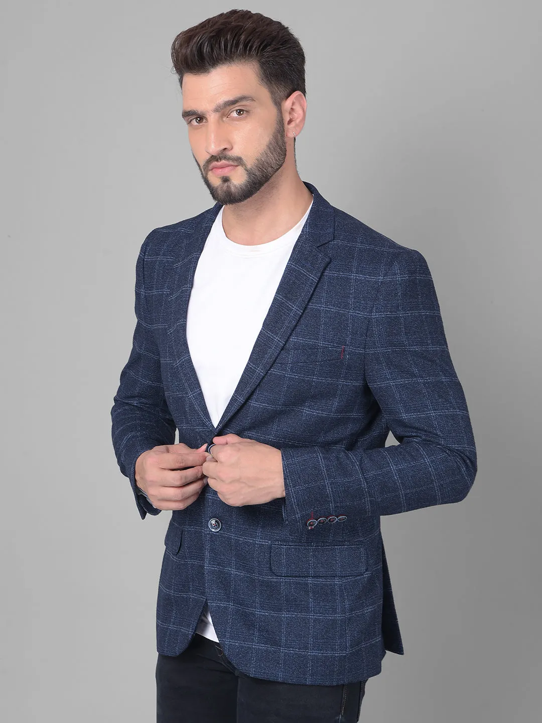 Navy Blue Checked Single Breasted Blazer