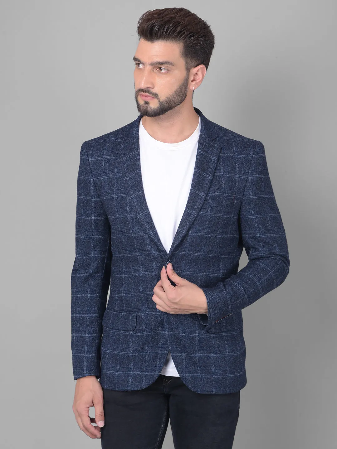Navy Blue Checked Single Breasted Blazer