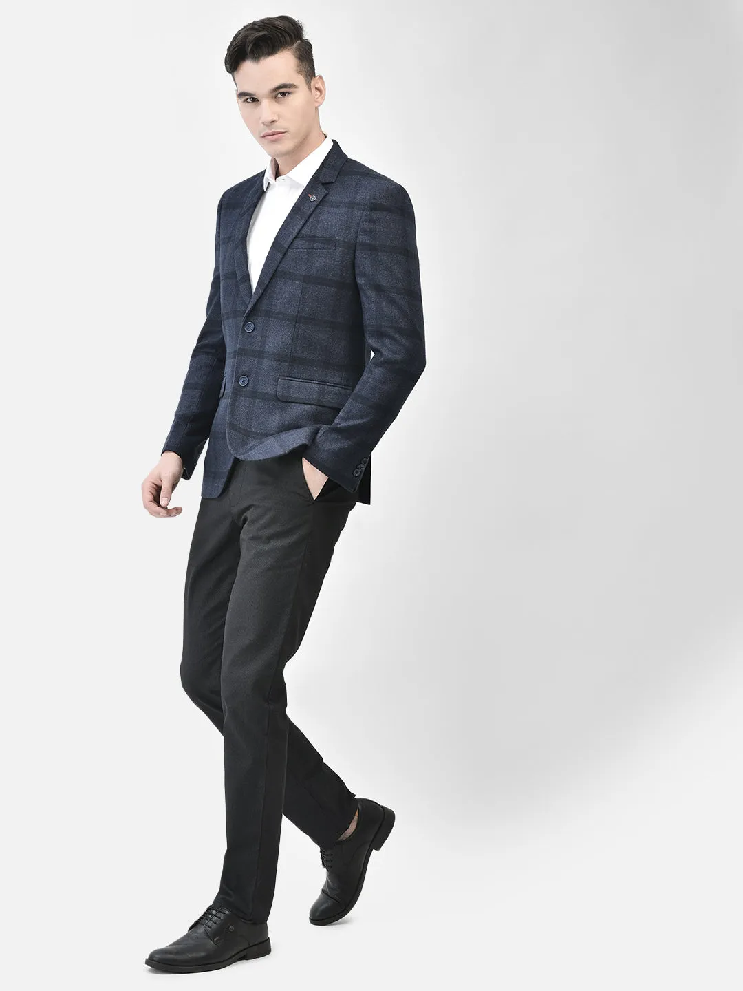 Navy Blue Checked Single Breasted Blazer