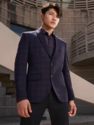 Navy Blue Checked Single Breasted Blazer