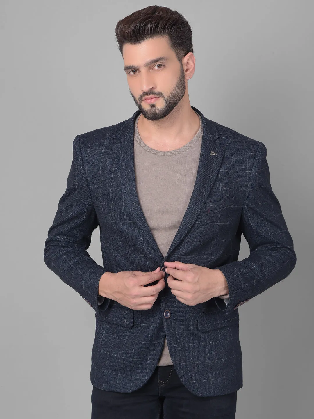 Navy Blue Checked Single Breasted Blazer