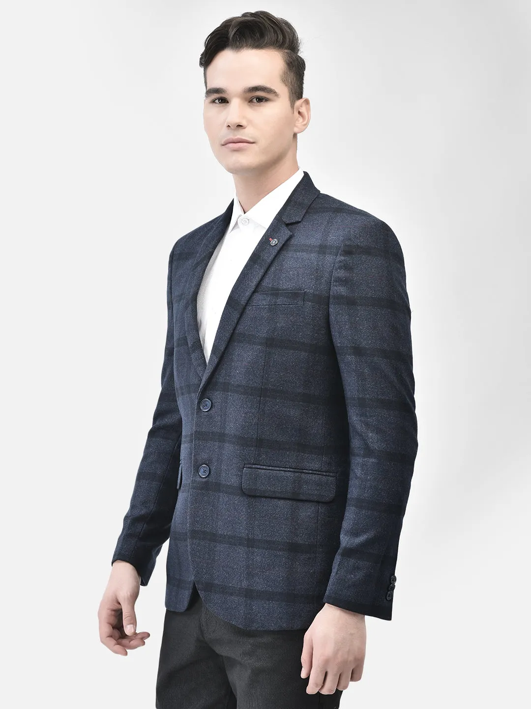 Navy Blue Checked Single Breasted Blazer