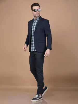 Navy Blue Checked Single Breasted Blazer