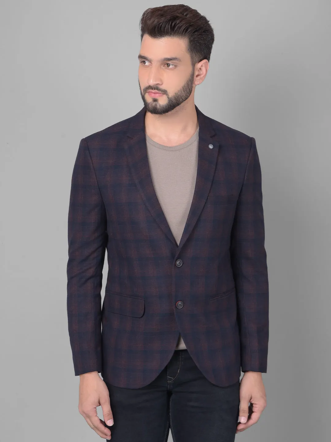 Navy Blue Checked Single Breasted Blazer