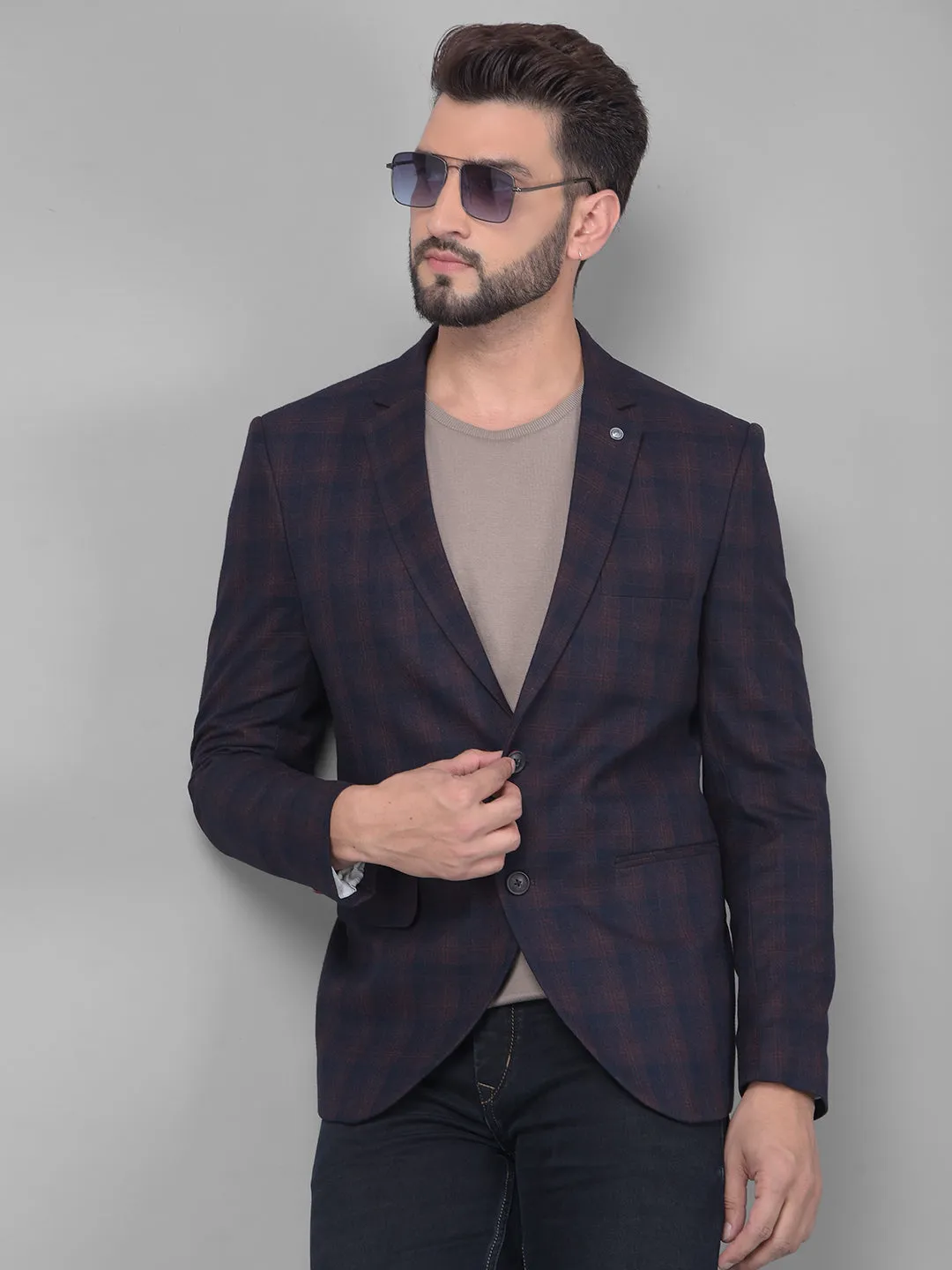 Navy Blue Checked Single Breasted Blazer