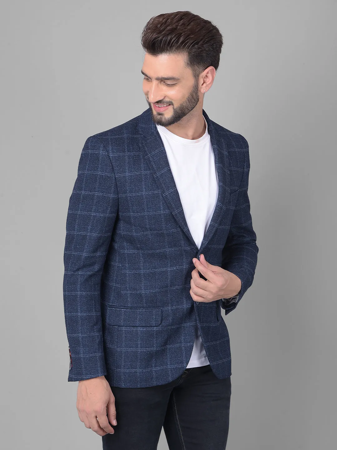 Navy Blue Checked Single Breasted Blazer