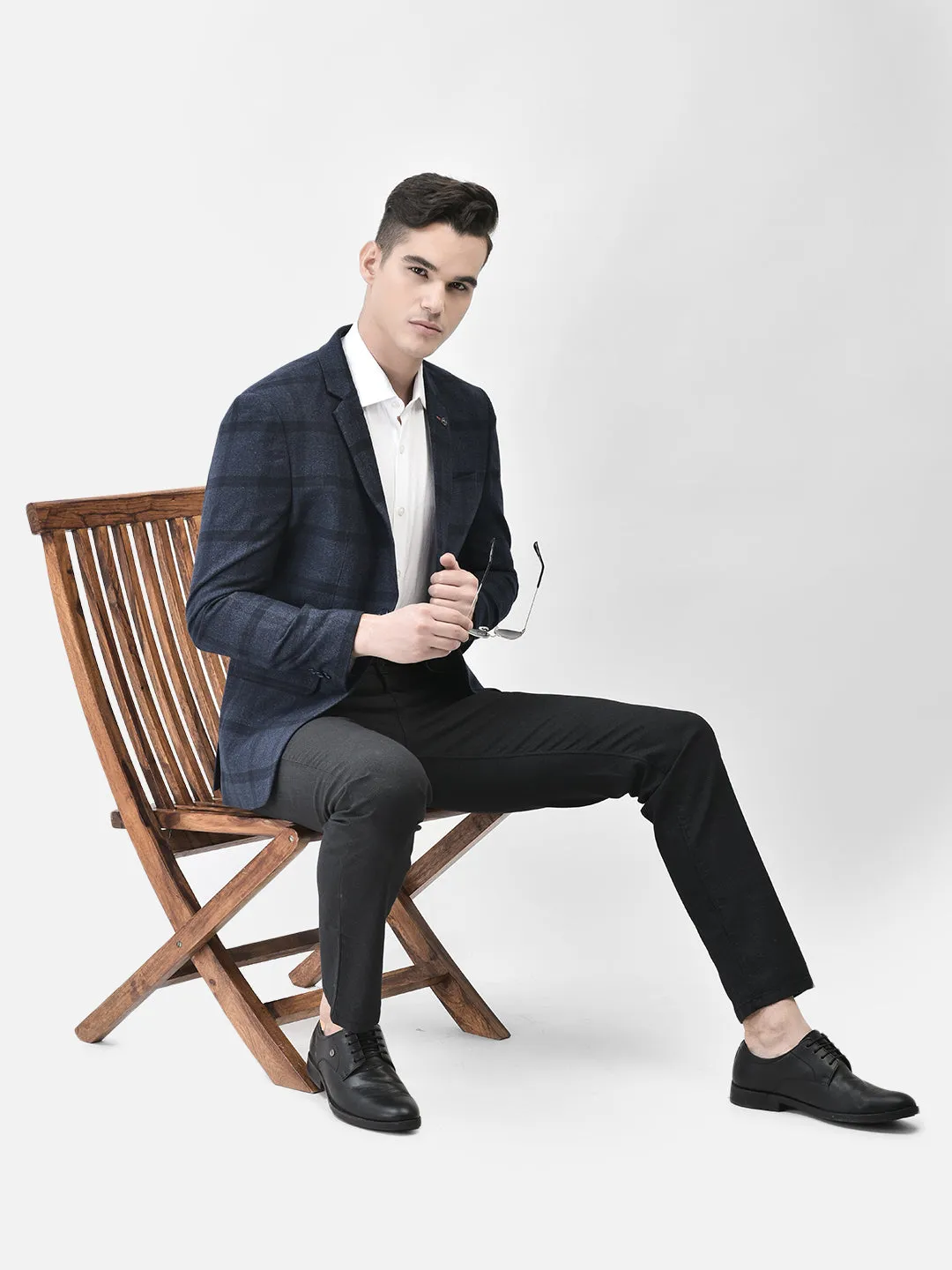 Navy Blue Checked Single Breasted Blazer