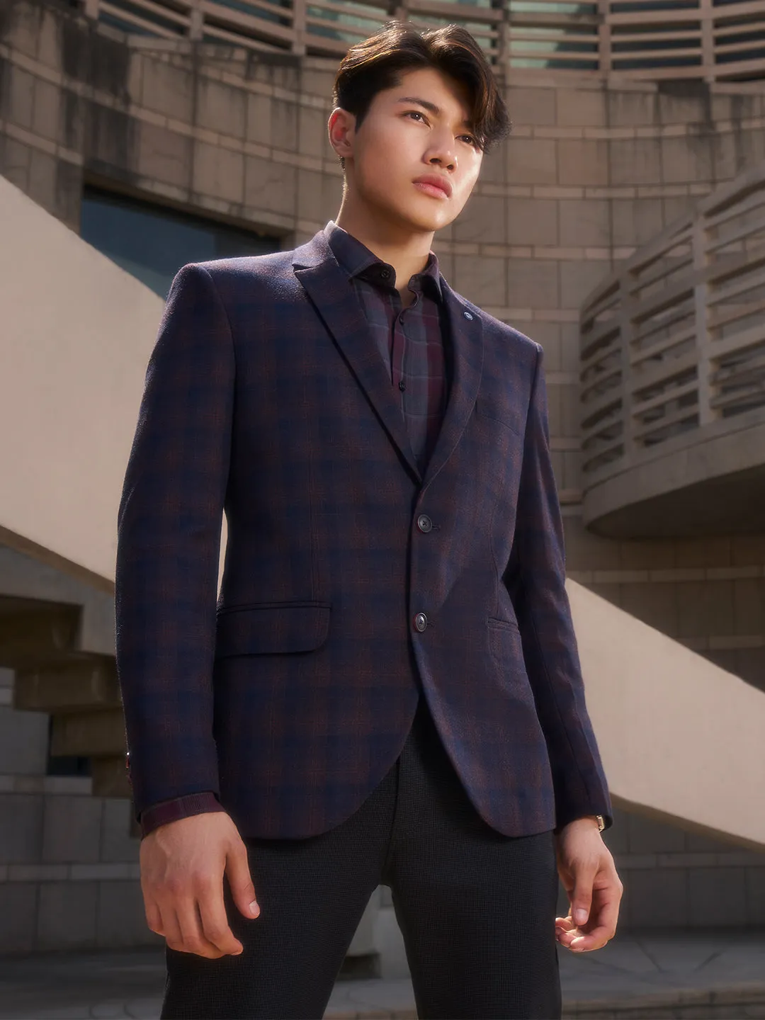 Navy Blue Checked Single Breasted Blazer