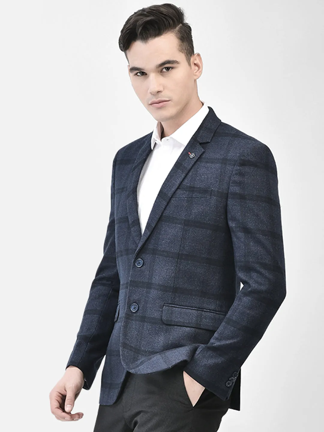 Navy Blue Checked Single Breasted Blazer