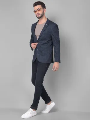 Navy Blue Checked Single Breasted Blazer