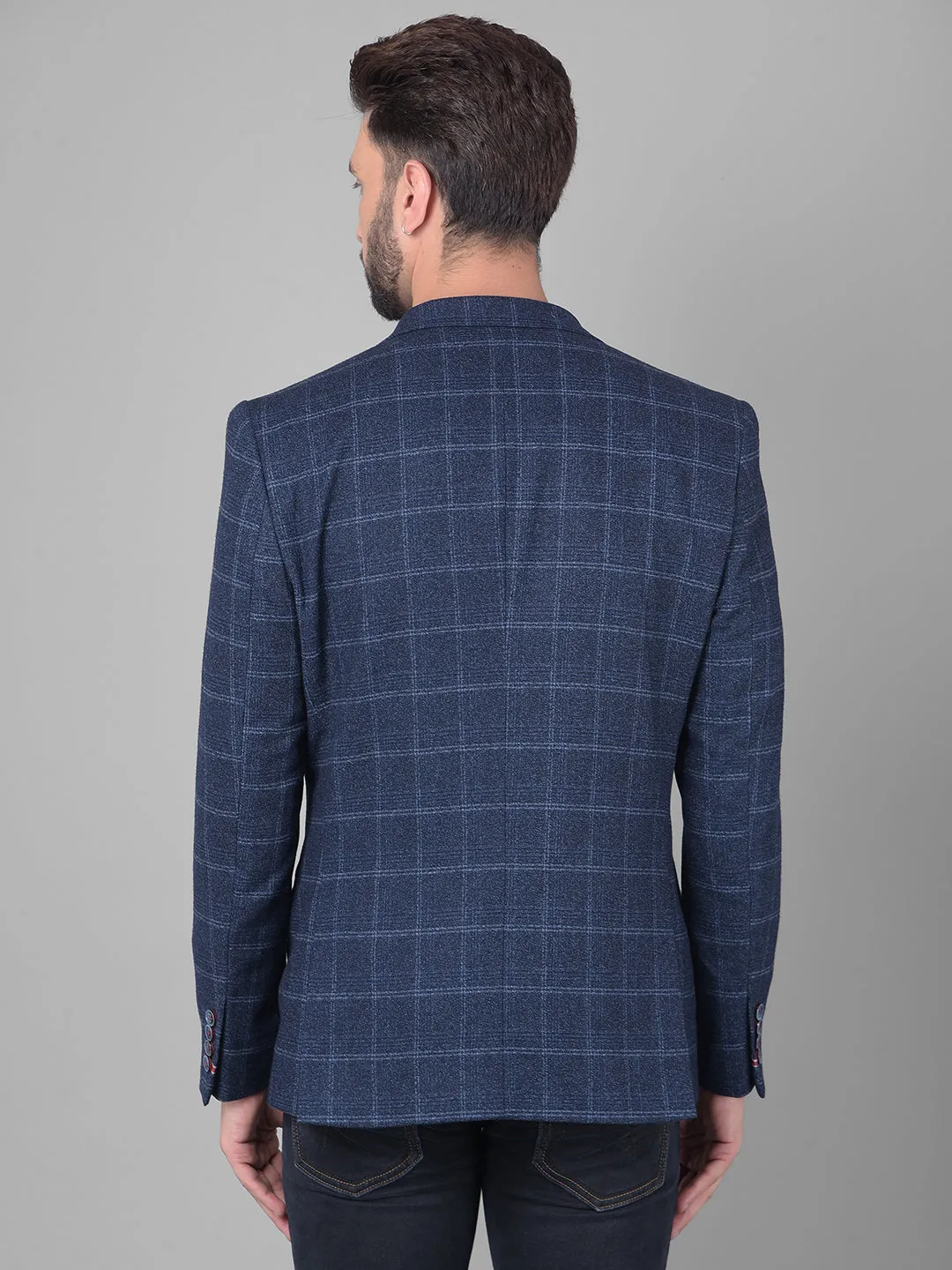 Navy Blue Checked Single Breasted Blazer