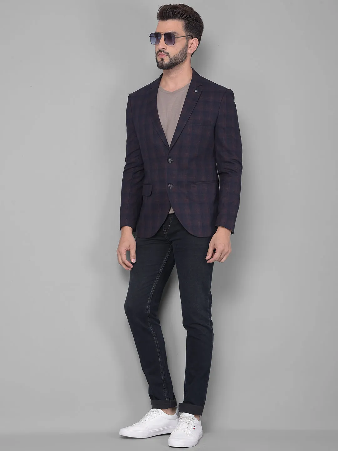 Navy Blue Checked Single Breasted Blazer