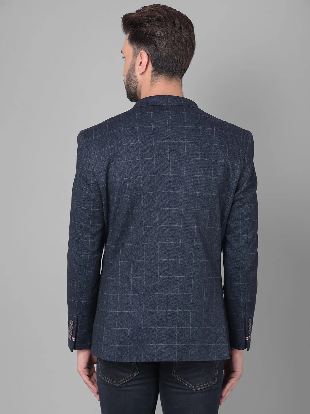 Navy Blue Checked Single Breasted Blazer