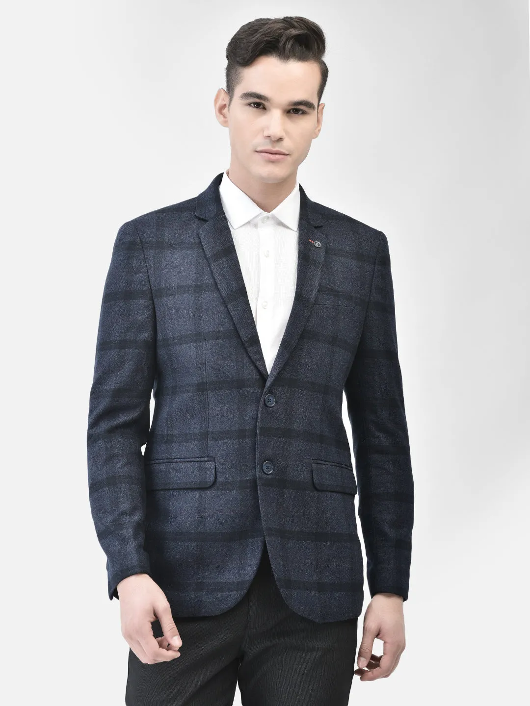 Navy Blue Checked Single Breasted Blazer