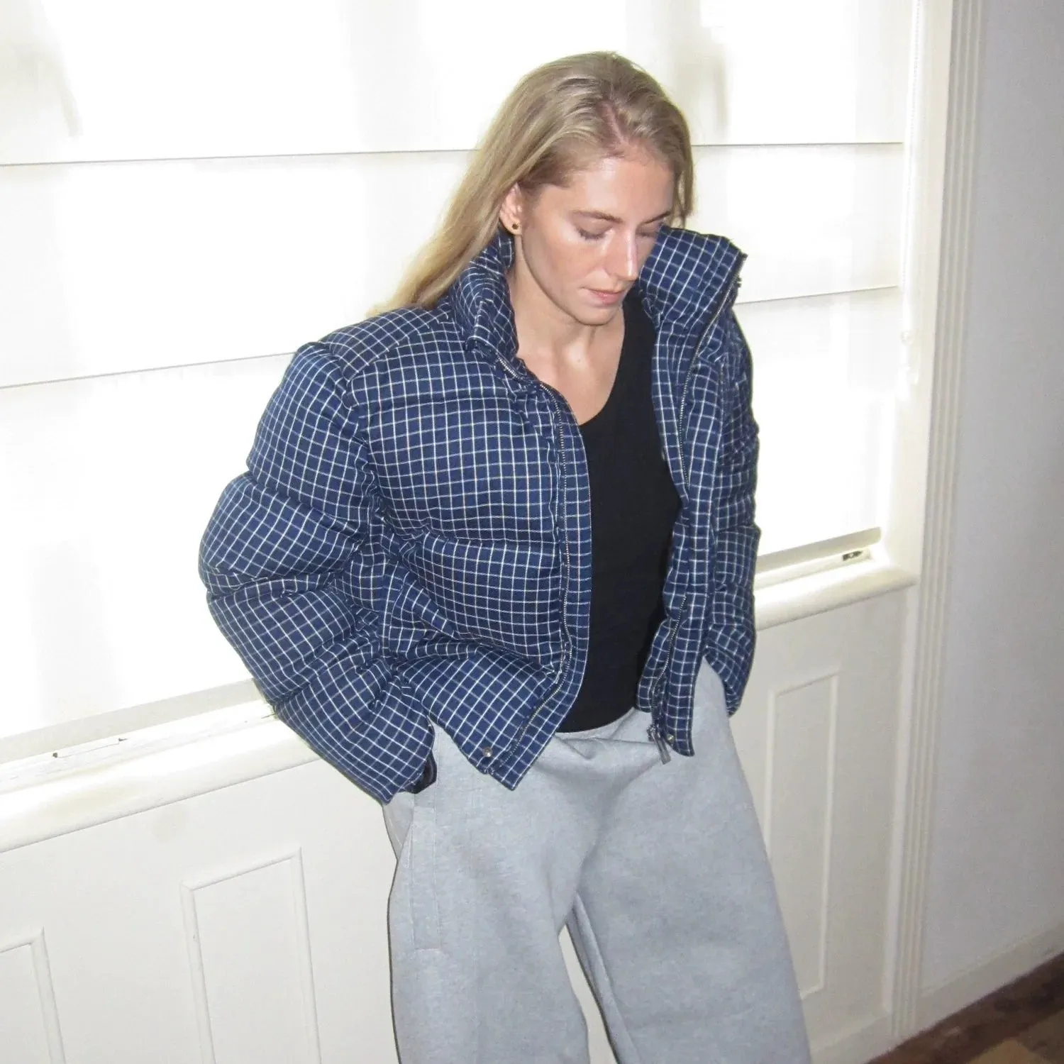 Navy Checkered Puffer Jacket
