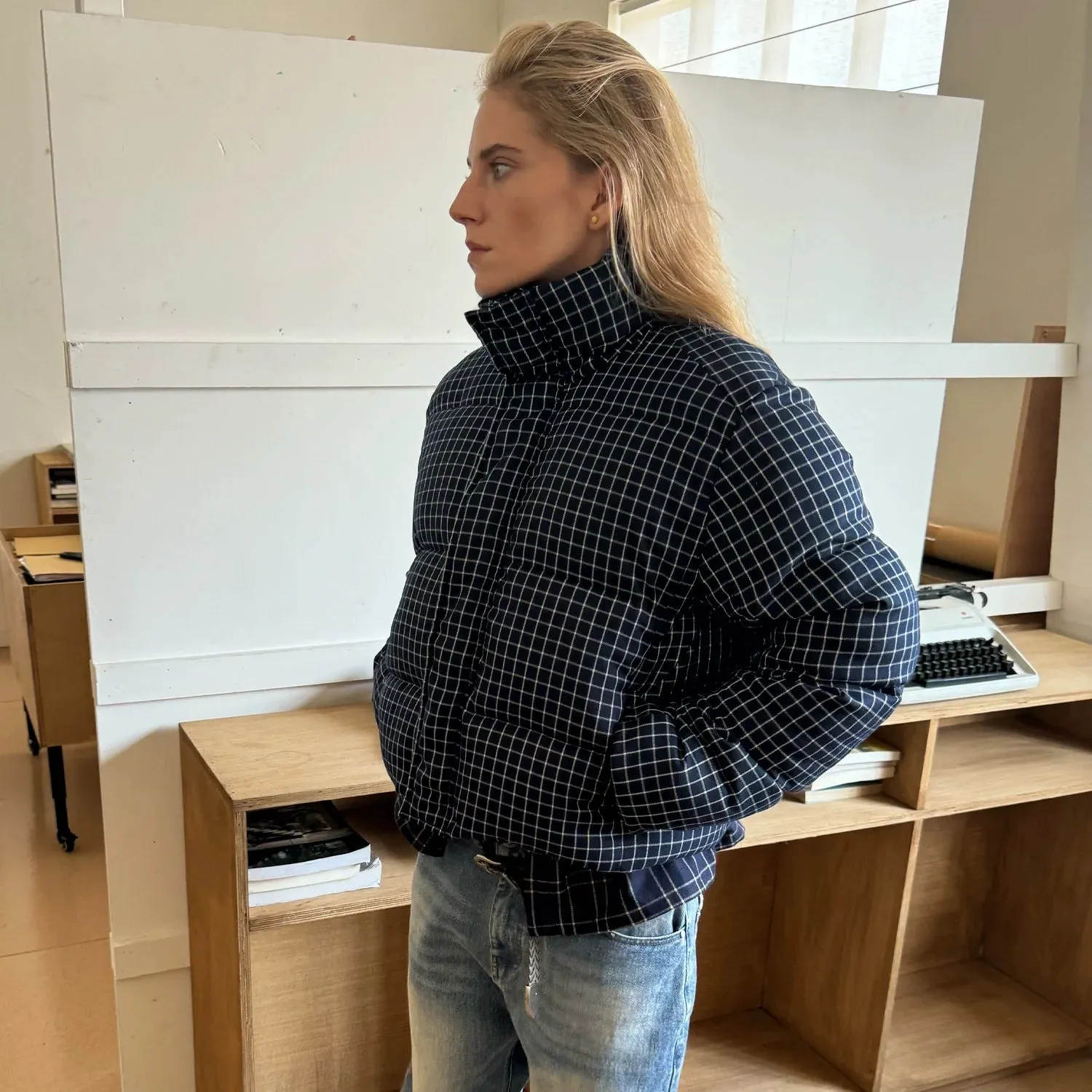 Navy Checkered Puffer Jacket