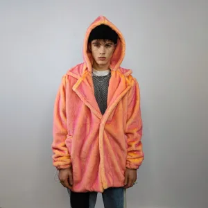 Neon faux fur jacket color changing bomber handmade detachable trench coat fluorescent fleece glowing festival mac in pink electric orange