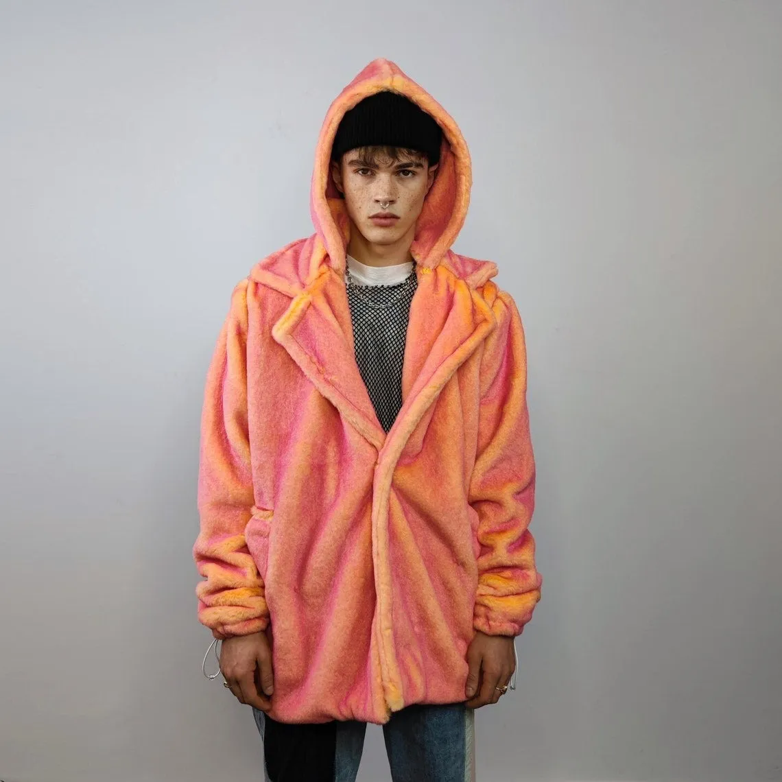 Neon faux fur jacket color changing bomber handmade detachable trench coat fluorescent fleece glowing festival mac in pink electric orange
