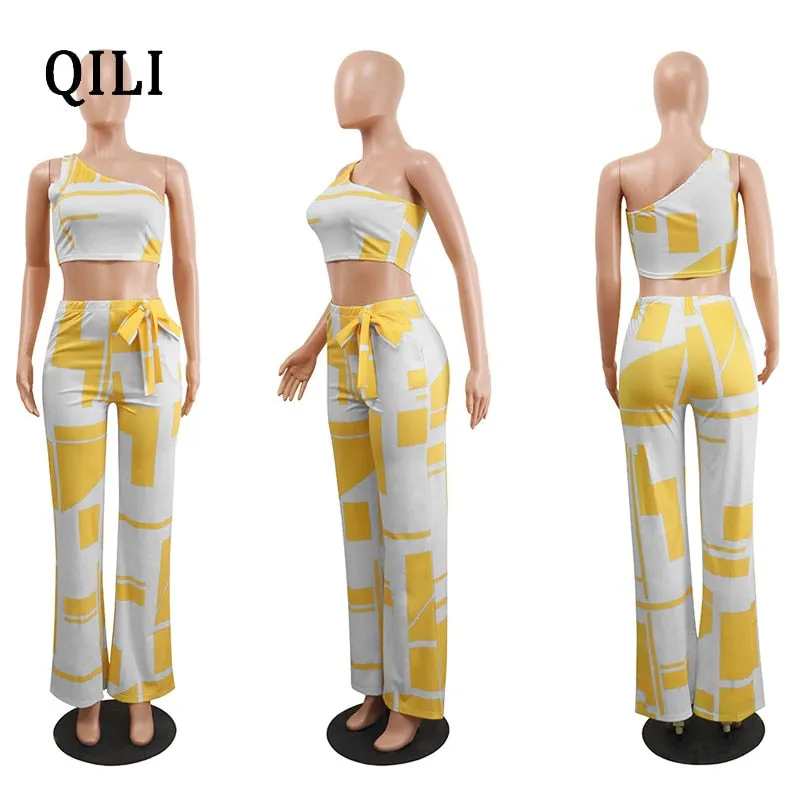 One Shoulder Sleeveless Two Piece Set Bow Print Jumpsuits